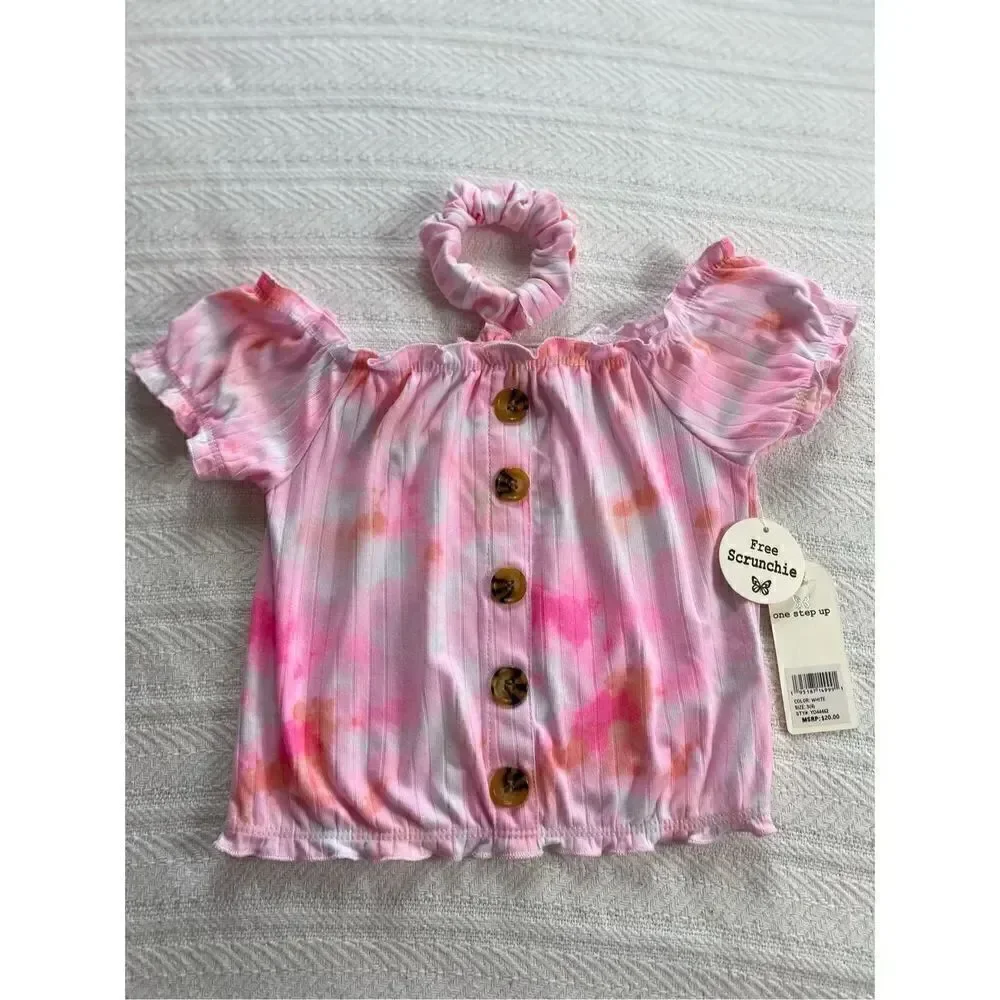 ONE STEP UP Girl’s Small (4) Pink Top with Matching Scrunchie